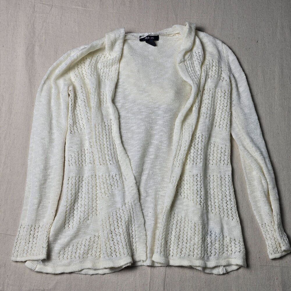 Style‎ & Co Women’s XS White Open Knit Cardigan Long Sleeve Sweater Lightweight